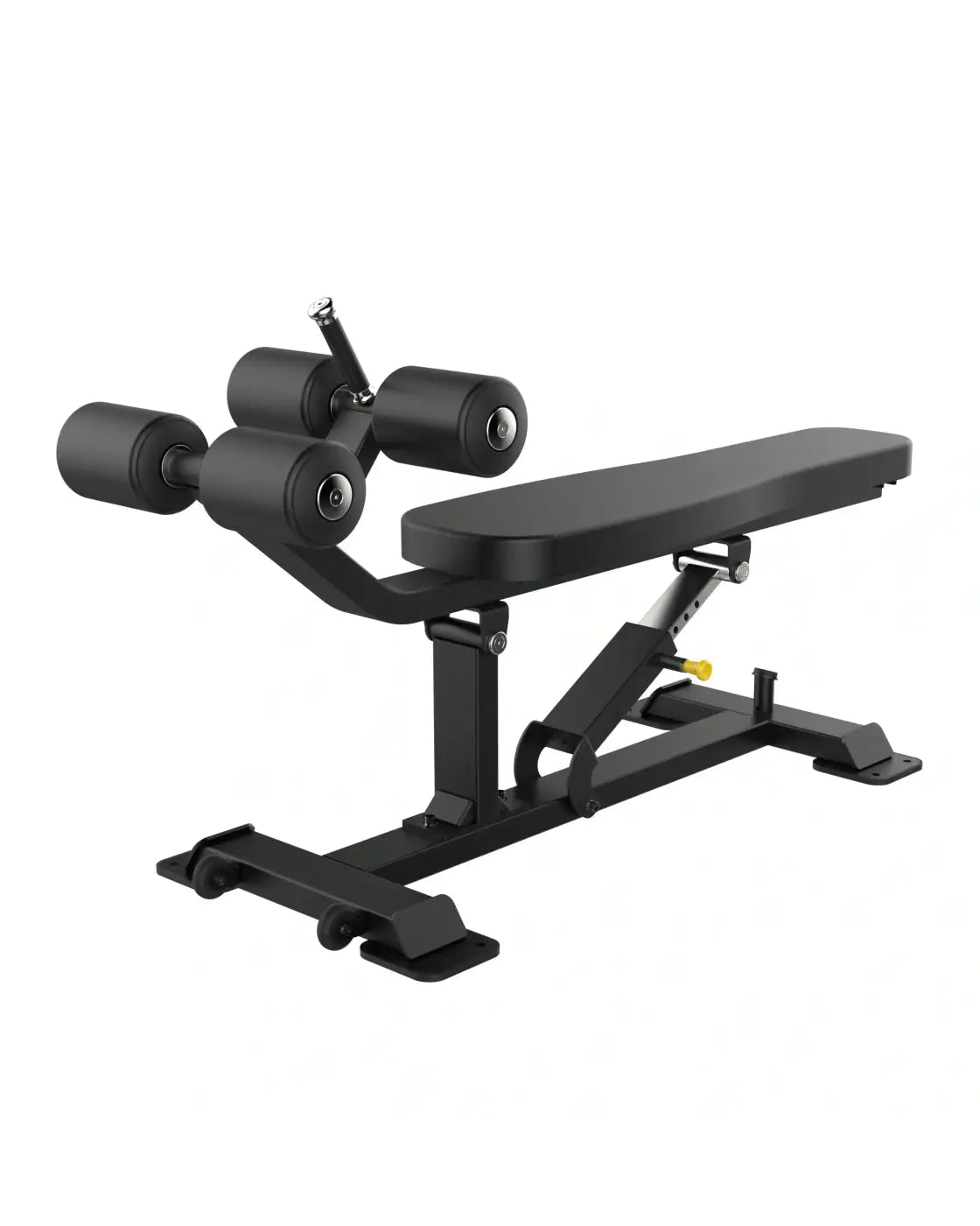 Sterling Series black adjustable weight bench with padded seat, backrest, and four rollers for abdominal exercises