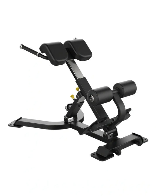 Black adjustable Sterling Series back extension machine with padded headrest and leg supports for multi hyper extension