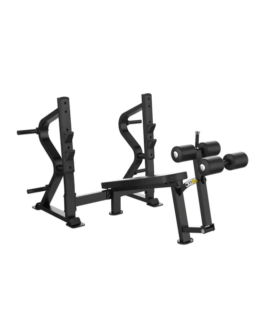 Black metal sterling series olympic decline bench with adjustable backrest and leg extension attachment for home workout