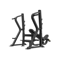Black metal Sterling Series olympic incline bench with adjustable incline and attached barbell rack for weightlifting