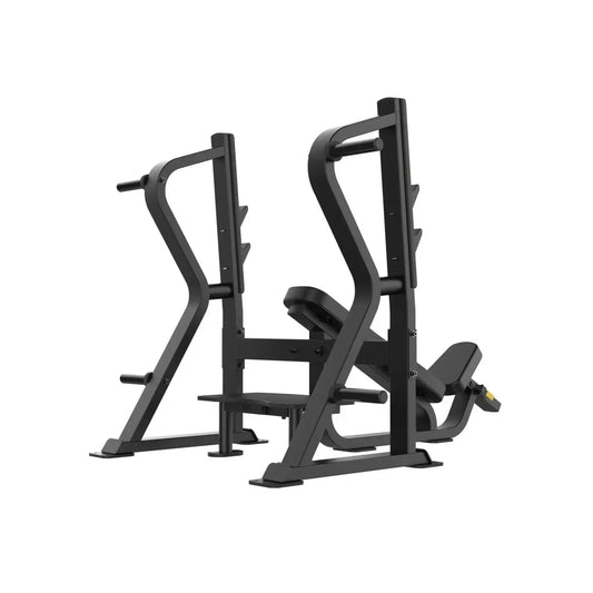 Black metal Sterling Series olympic incline bench with adjustable incline and attached barbell rack for weightlifting