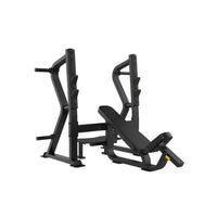 Black metal Sterling Series Olympic incline bench with adjustable incline and safety bars for weightlifting
