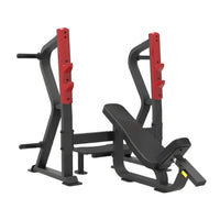 Sterling Series black and red adjustable Olympic incline bench with padded seat, backrest, and safety bars for squats