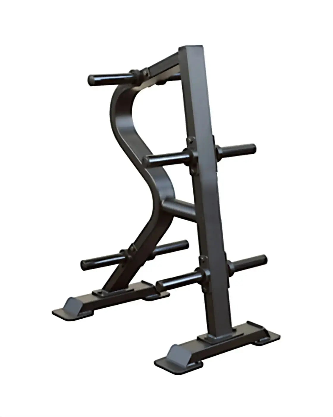 Black metal sterling series olympic plate rack with four horizontal bars for holding dumbbells in home fitness use