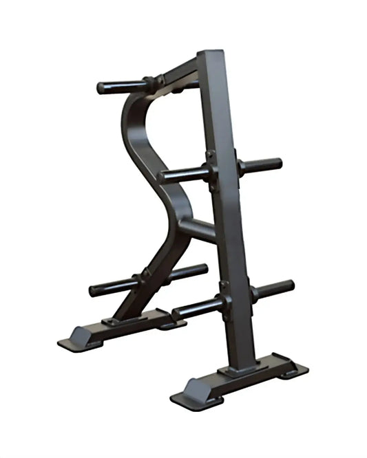 Black metal sterling series olympic plate rack with four horizontal bars for holding dumbbells in home fitness use