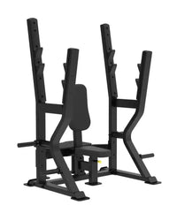 Black metal Sterling Series Olympic shoulder bench with adjustable backrest and safety bars for home use