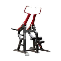 Sterling Series pull down strength training machine in red and black with padded seat and adjustable handles for home use