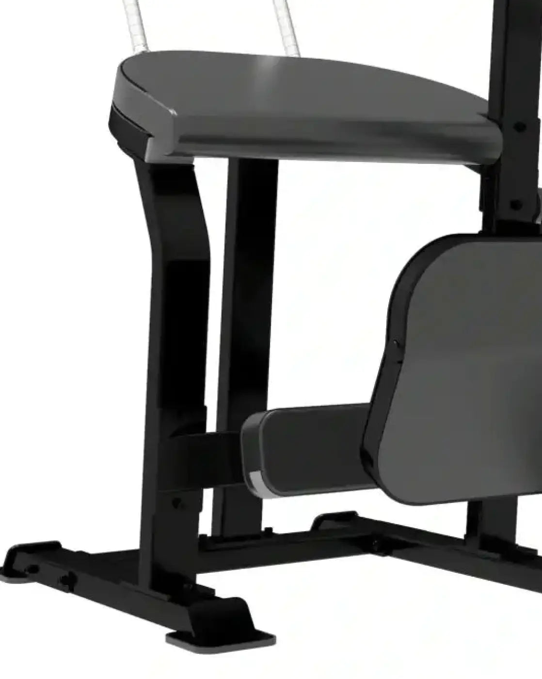 Black metal sterling series rear kick glute bench with padded seat and footrest for home training shown from the back side