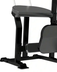 Black metal sterling series rear kick glute bench with padded seat and footrest for home training shown from the back side