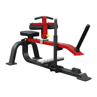 Sterling Series seated calf raise machine in red and black with padded seat, adjustable resistance lever, and chrome footplate