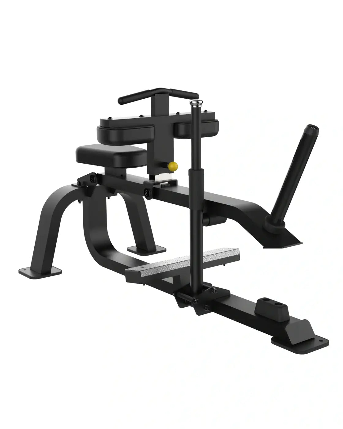 Sterling Series seated calf raise machine in black metal with yellow adjustment knob and textured footplates uk delivery