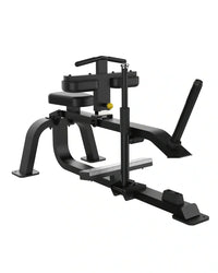 Sterling Series seated calf raise machine in black metal with yellow adjustment knob and textured footplates uk delivery