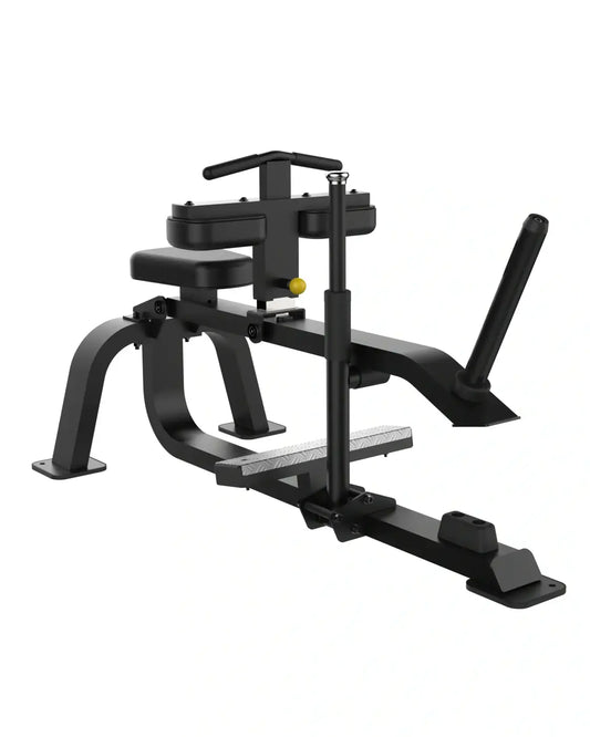 Sterling Series seated calf raise machine in black metal with yellow adjustment knob and textured footplates uk delivery