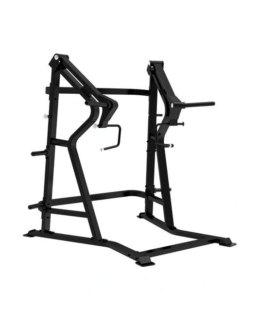 Black metal power rack with adjustable safety bars and weight plate holders from sterling series standing chest press for home fitness