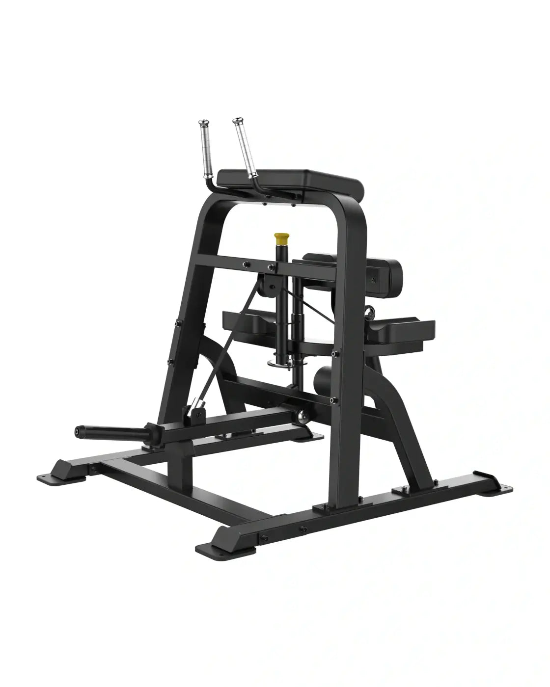 Black metal Sterling Series standing leg curl machine with adjustable padded seat and handlebars for home training