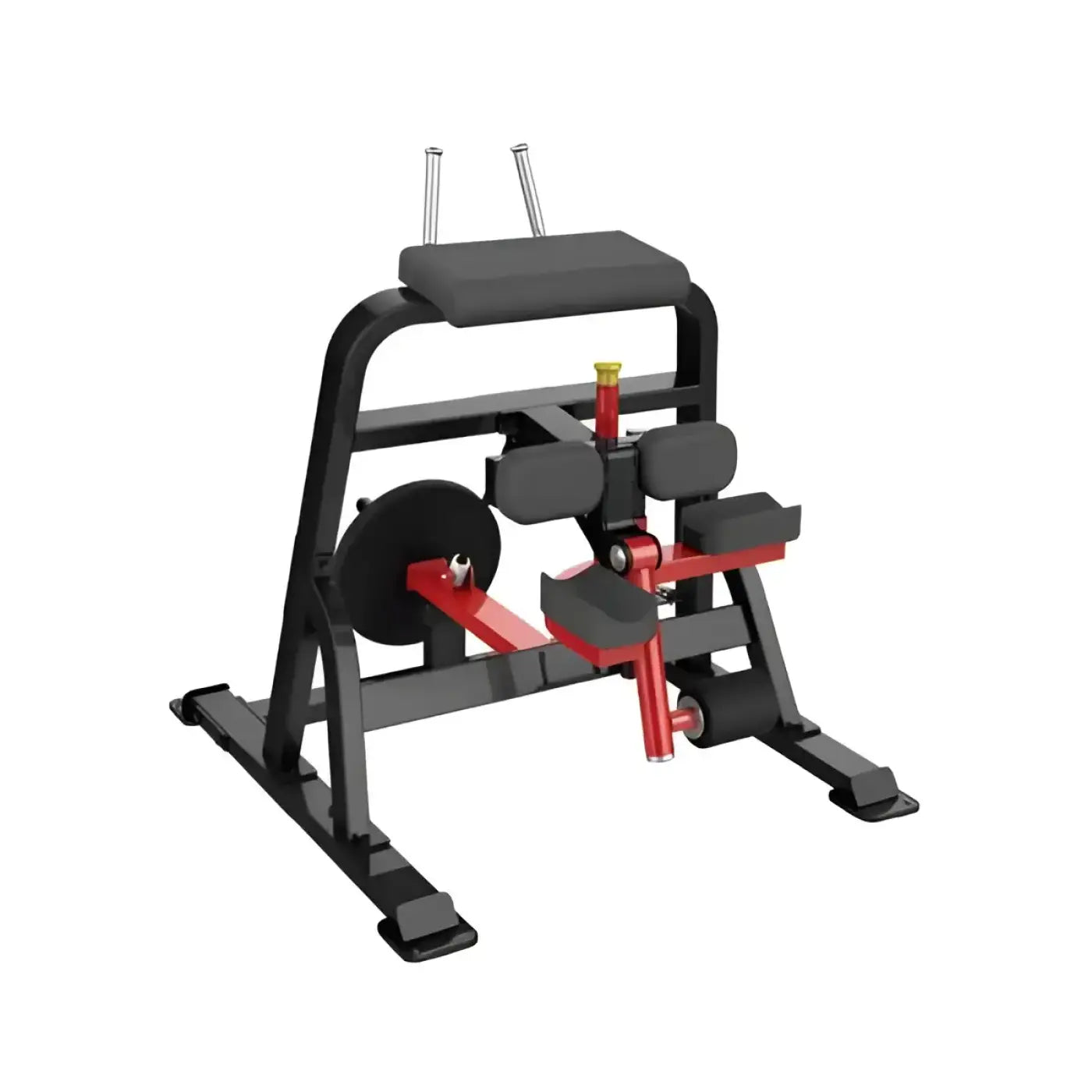 Sterling Series standing leg curl machine in black and red with padded seat and footrests for home training back view
