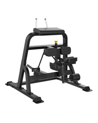 Black metal Sterling Series standing leg curl machine with padded seat and adjustable weight stack for home training