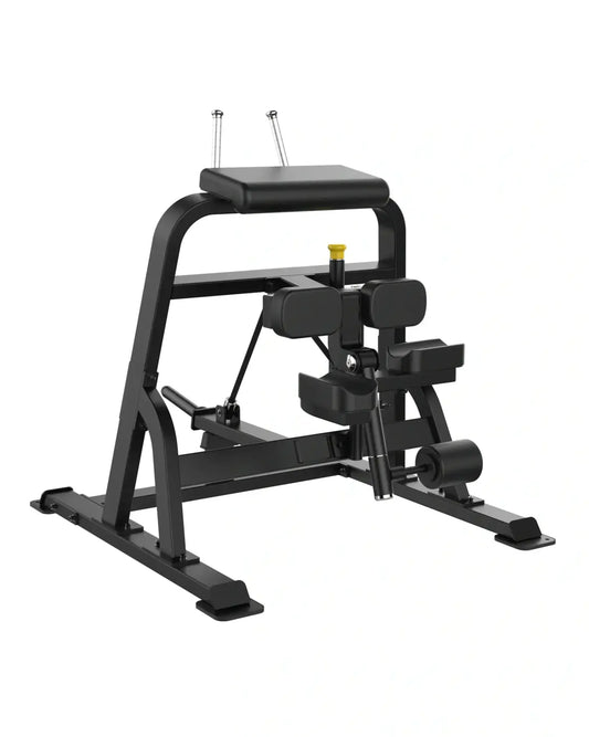 Black metal Sterling Series standing leg curl machine with padded seat and adjustable weight stack for home training