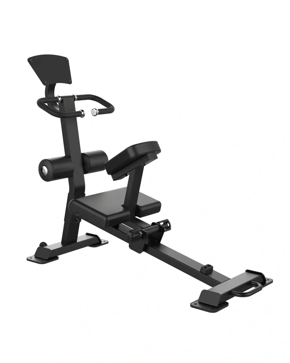 Sterling Series black metal stretch trainer with padded upholstery, adjustable backrest, and footplate for home fitness