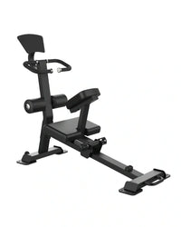 Sterling Series black metal stretch trainer with padded upholstery, adjustable backrest, and footplate for home fitness
