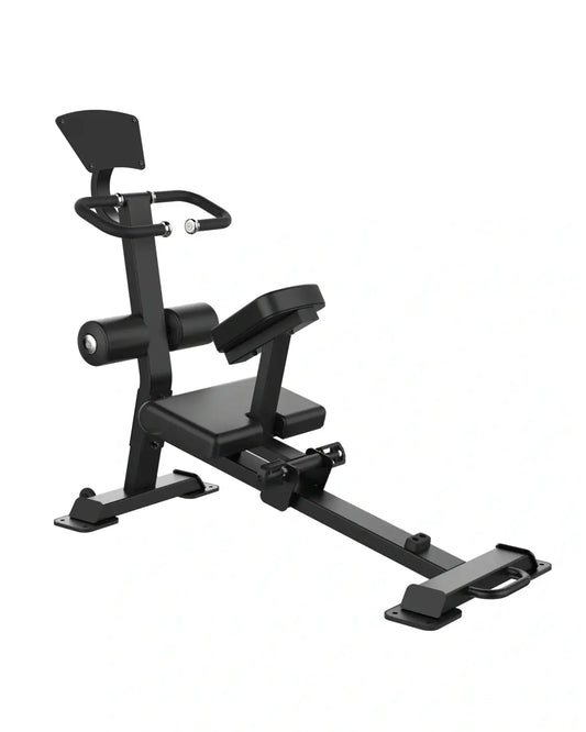 Sterling Series black metal stretch trainer with padded upholstery, adjustable backrest, and footplate for home fitness