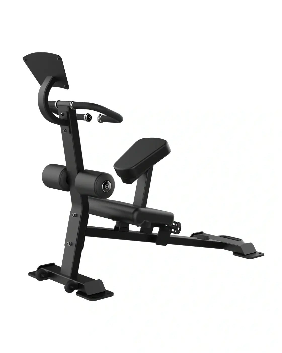 Black adjustable Sterling Series stretch trainer weight bench with padded seat backrest head pad and leg extension mechanism