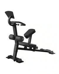 Black adjustable Sterling Series stretch trainer weight bench with padded seat backrest head pad and leg extension mechanism