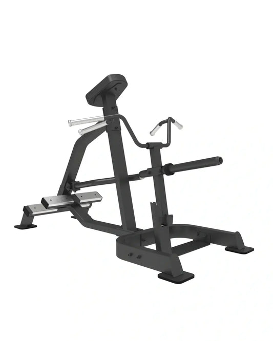 Black metal lat pulldown machine from Sterling Series with silver handlebars and adjustable seat for home workout