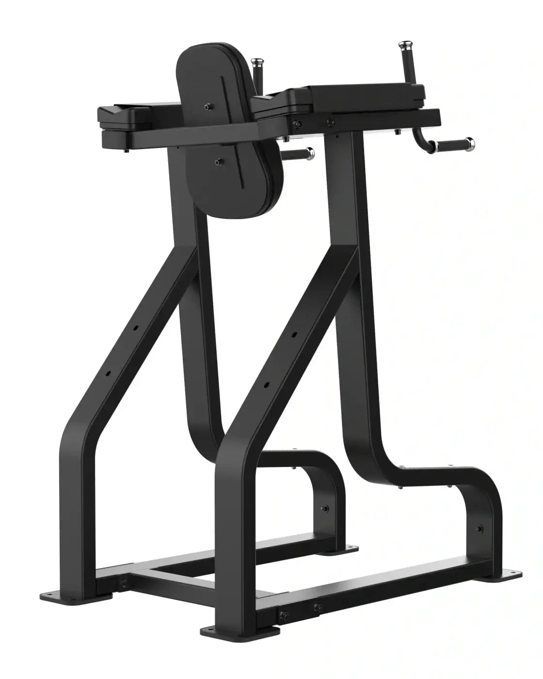 Black metal back extension machine with adjustable padded seat and handlebars from sterling series vertical knee raise