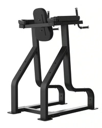 Black metal back extension machine with adjustable padded seat and handlebars from sterling series vertical knee raise