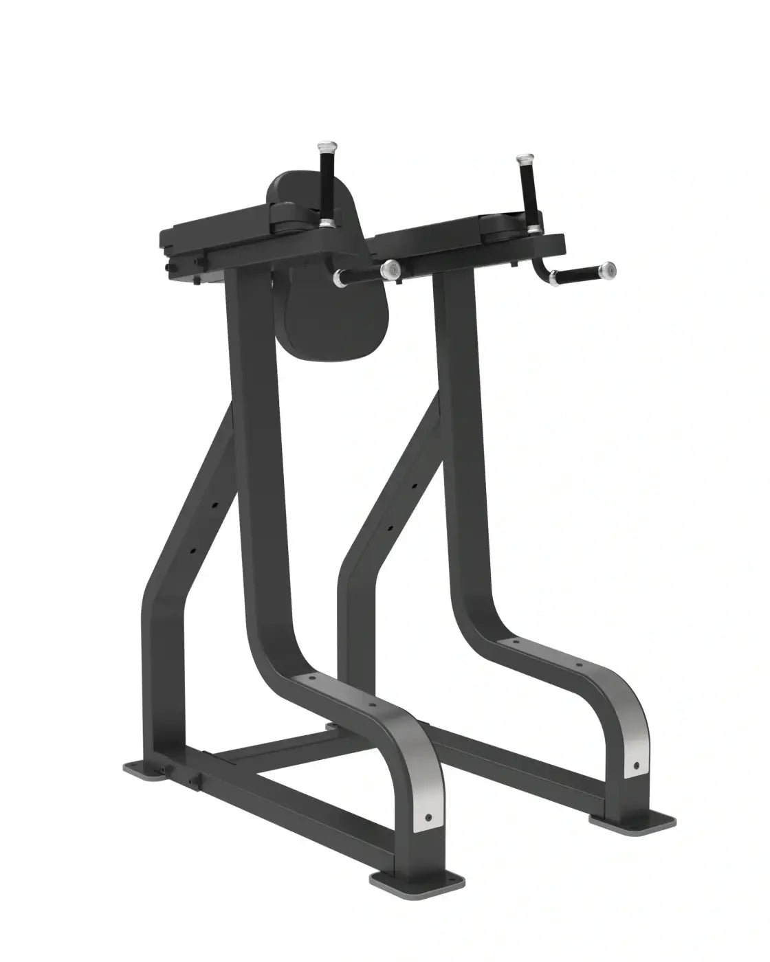 Black metal Sterling Series vertical knee raise bench with adjustable armrests and padded back support for home fitness