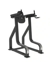 Black metal Sterling Series vertical knee raise bench with adjustable armrests and padded back support for home fitness