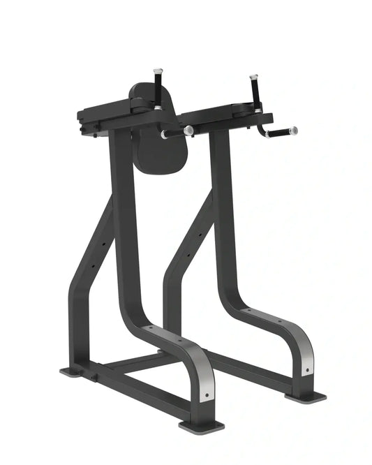 Black metal Sterling Series vertical knee raise bench with adjustable armrests and padded back support for home fitness