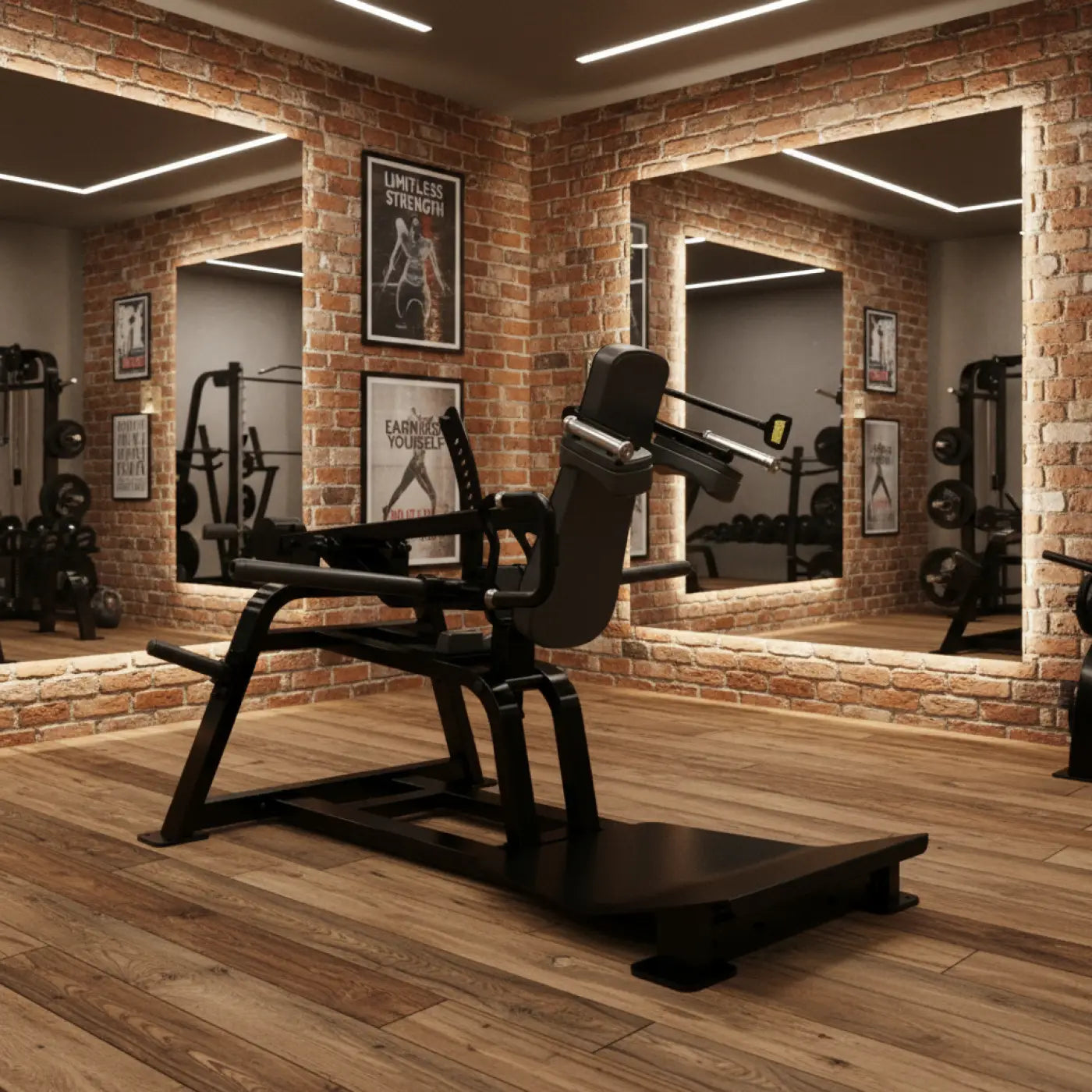 Black metal vertical squat machine with padded seat and foot platform from Sterling Series for home workout