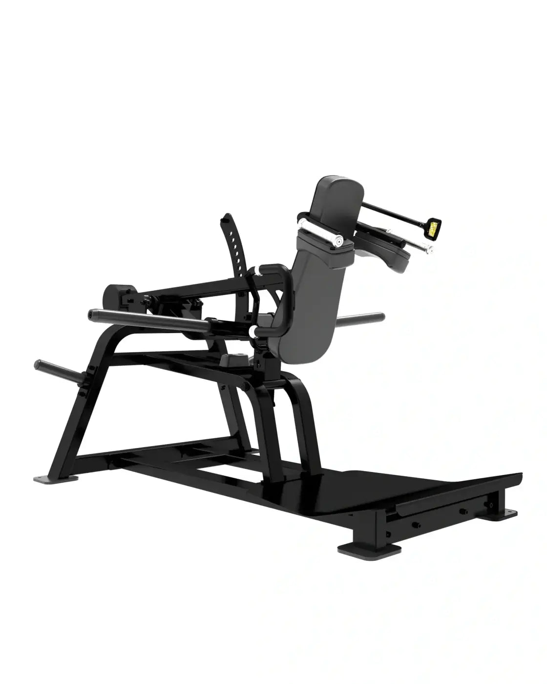 Black metal sterling series vertical squat machine with padded seat and adjustable resistance lever for home workout