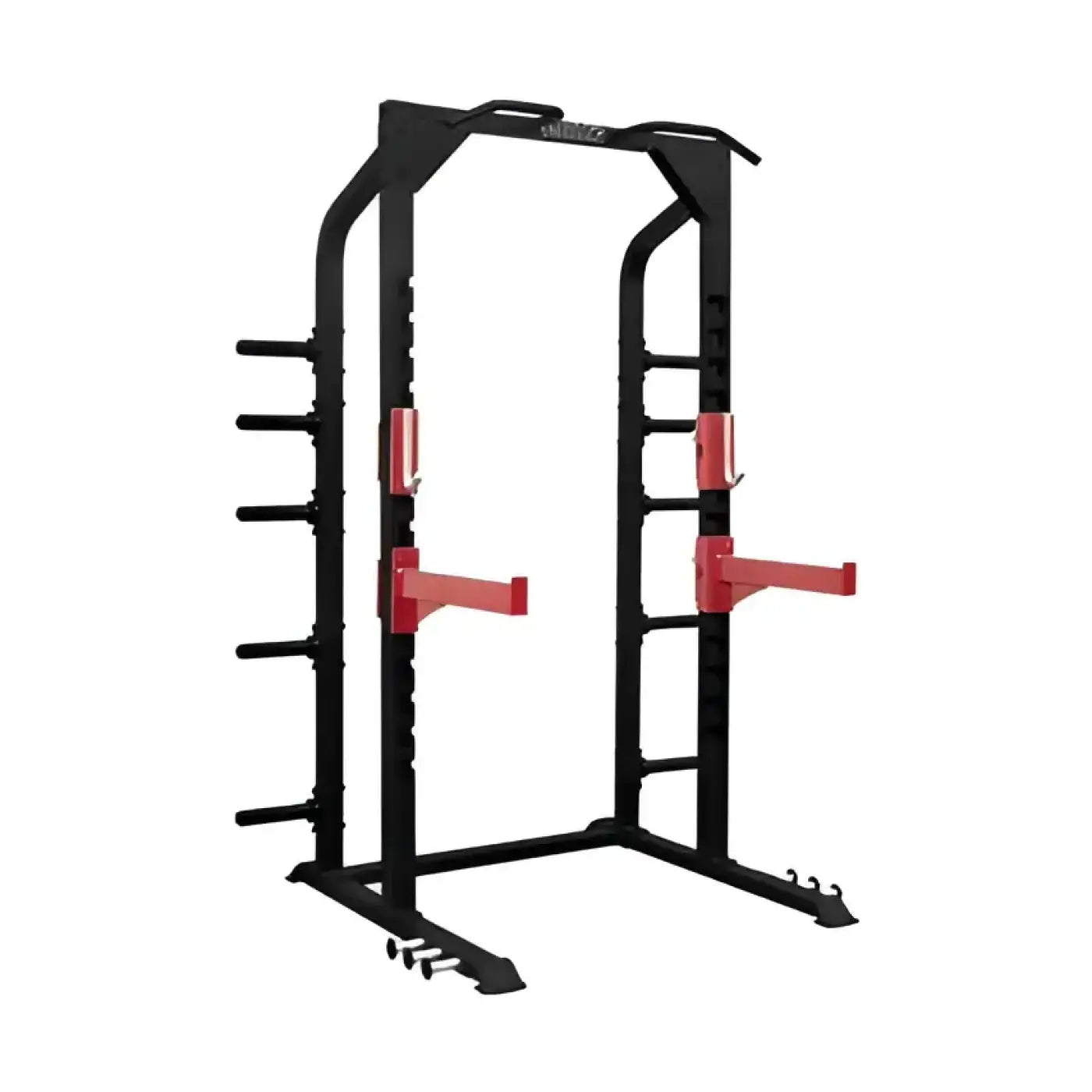 Elite Series half power rack in black and red with adjustable safety bars and multiple attachment points for home training