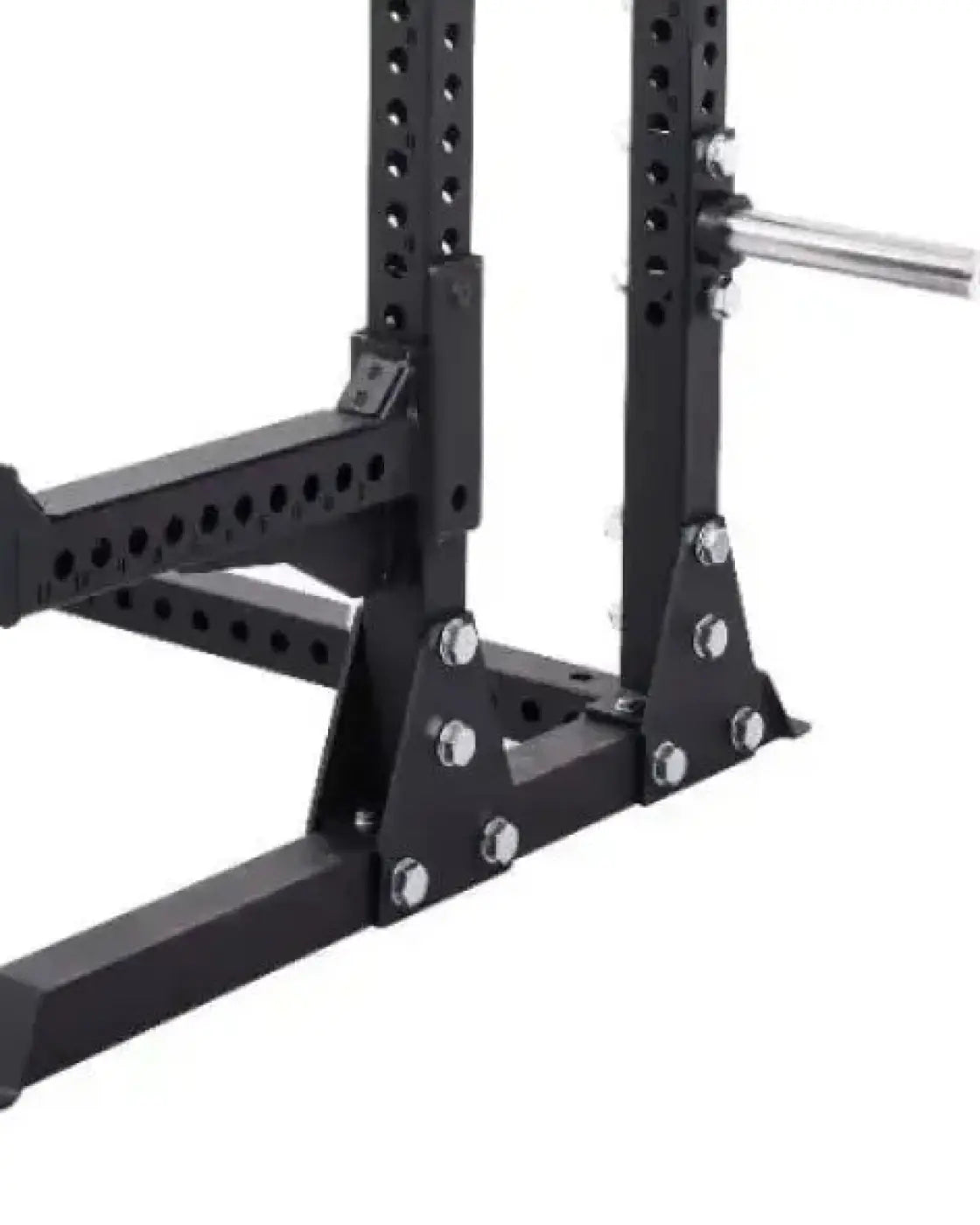 Black metal elite series half power rack with perforated uprights and bolted triangular base supports for home training