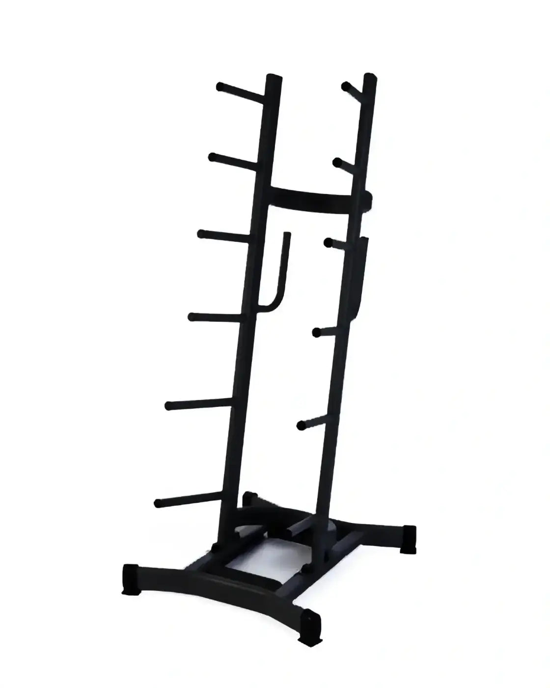 Black metal studio barbell rack with multiple horizontal bars to hold 12 sets of dumbbells for home workout