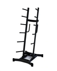 Black metal studio barbell rack with multiple horizontal bars to hold 12 sets of dumbbells for home workout