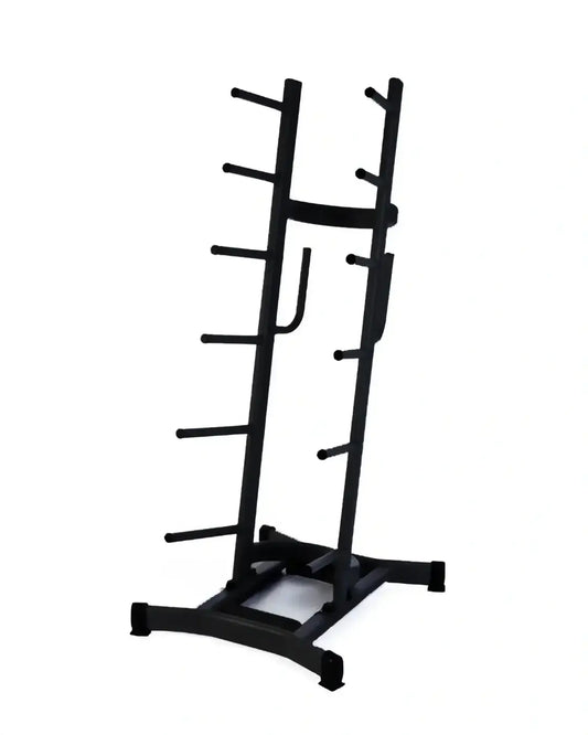 Black metal studio barbell rack with multiple horizontal bars to hold 12 sets of dumbbells for home workout