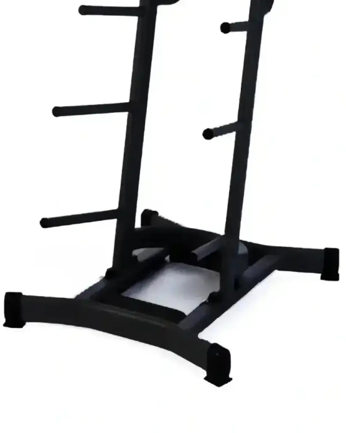 Black metal studio barbell rack with multiple horizontal bars holds 12 sets for home workout organization