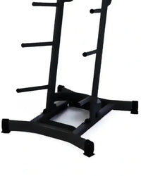 Black metal studio barbell rack with multiple horizontal bars holds 12 sets for home workout organization