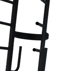 Black metal studio barbell rack holds 12 sets for home workout with sturdy ladder design