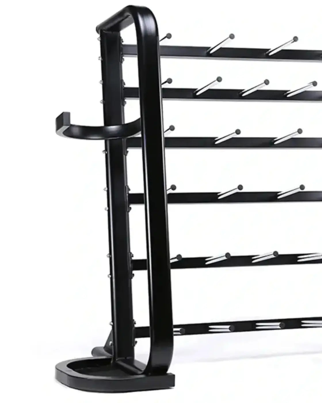 Black metal studio barbell rack with multiple horizontal bars and pegs for organizing up to 30 sets of footwear