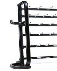 Black metal studio barbell rack with multiple horizontal bars and pegs for organizing up to 30 sets of footwear