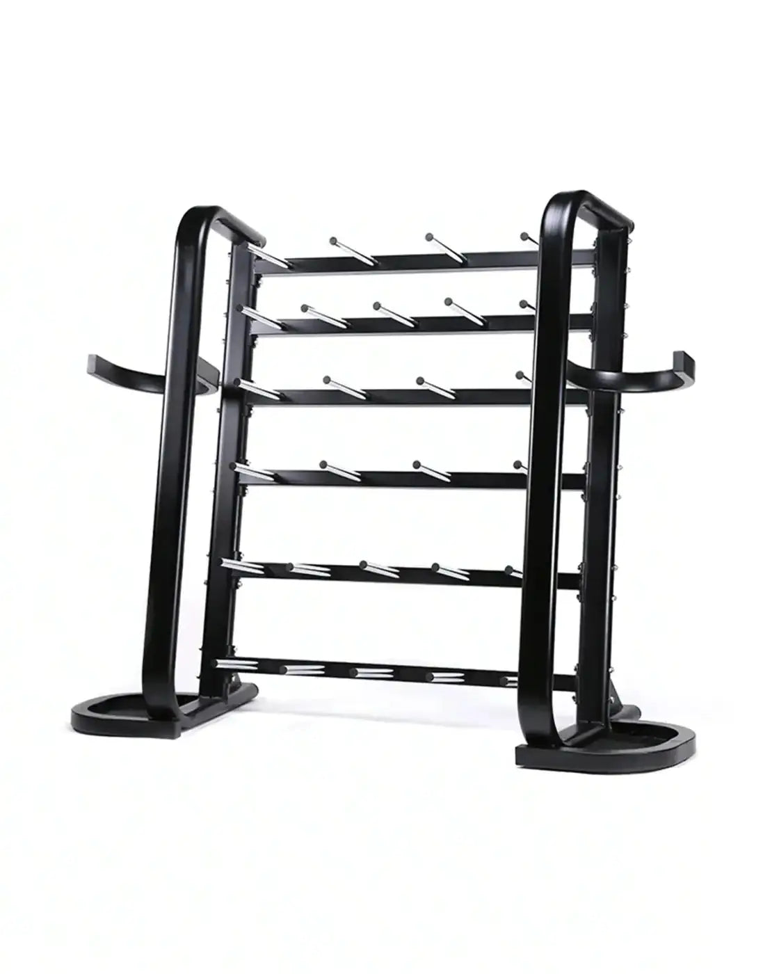 Black metal studio barbell rack holds 30 sets with multiple horizontal bars for home workout weight organization