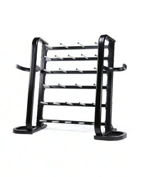 Black metal studio barbell rack holds 30 sets with multiple horizontal bars for home workout weight organization