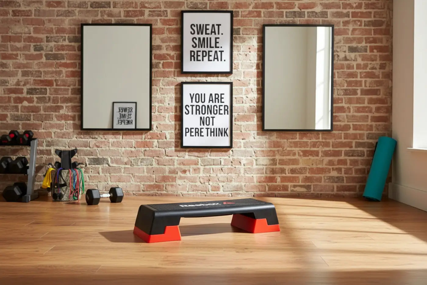 The Reebok step home gym platform in black and red with a matte finish and Reebok logo on its side