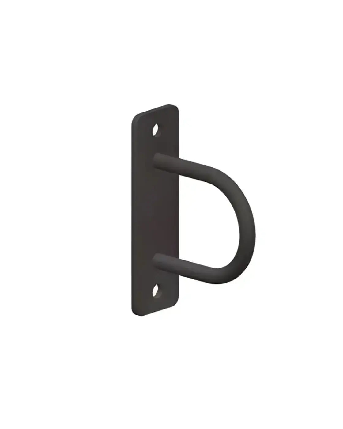 Black metal wall-mounted training rope anchor with curved hook and two mounting holes for home fitness use