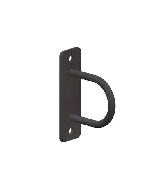 Black metal wall-mounted training rope anchor with curved hook and two mounting holes for home fitness use